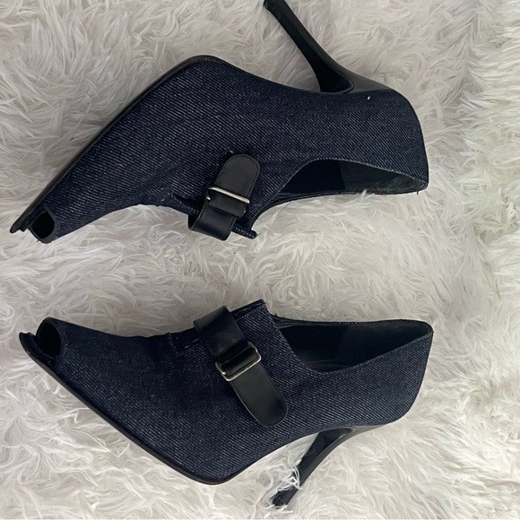 Stuart Weitzmen Peep Toe Denim Upper Leather Boots 8.5 - Picture 6 of 13